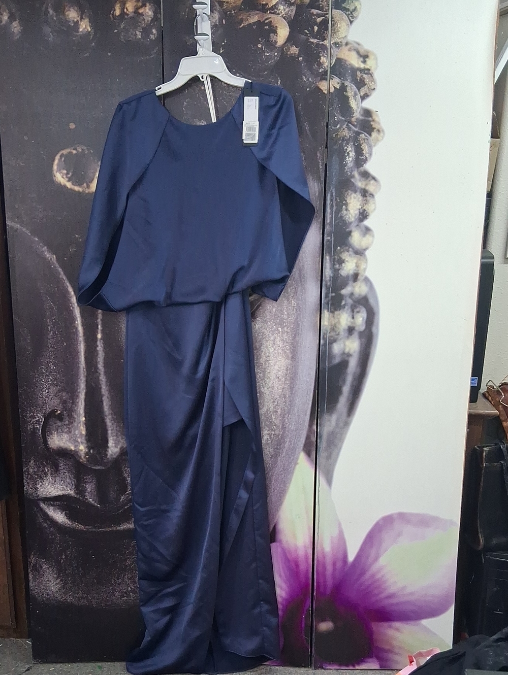 Halston Heritage Navy Satin Draped Maxi Gown Size 4